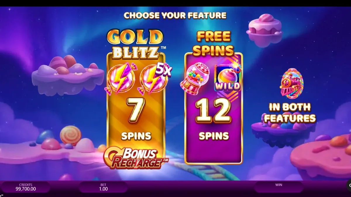 Tampilan layar permainan slot Candy Express Gold Blitz dengan gulungan penuh simbol permen dan latar belakang negeri permen yang cerah.